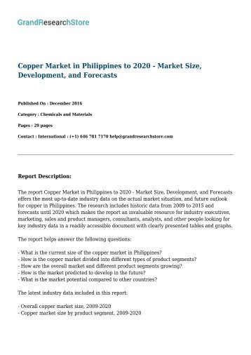 Copper Market in Philippines to 2020 - Market Size, Development, and Forecasts