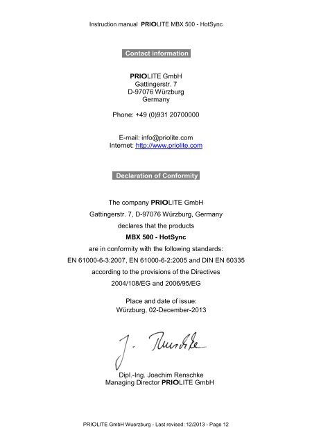 Priolite MBX 500 Hot Sync Instruction Manual