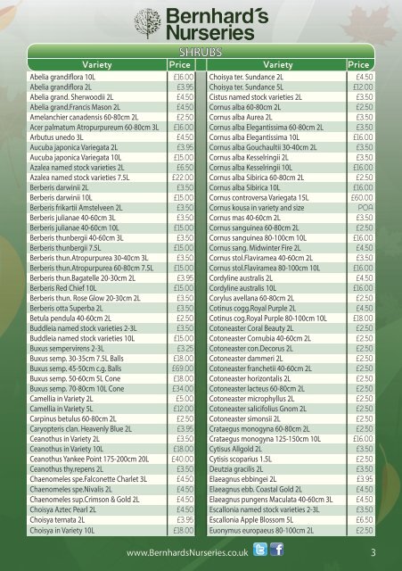 Bernhard's Nurseries Trade Price List 2107