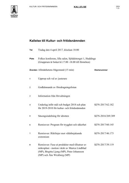 Kallelse Till Kultur Och Fritidsnamnden
