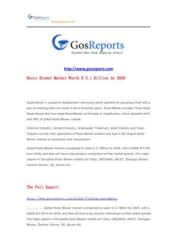 Roots Blower Market Worth $ 3.1 Billion by 2020