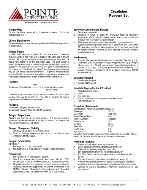 Creatinine Reagent Set - Pointe Scientific, Inc.