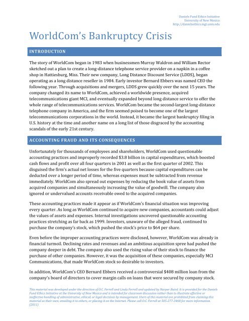 Worldcom S Bankruptcy Crisis Daniels Fund Ethics Initiative