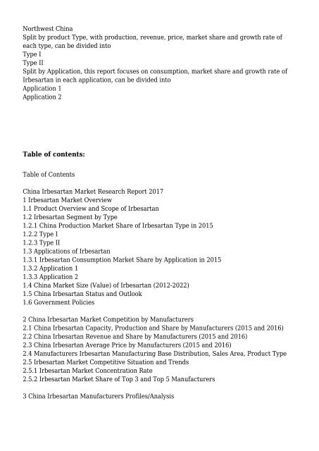 China Irbesartan Market Research Report 2017