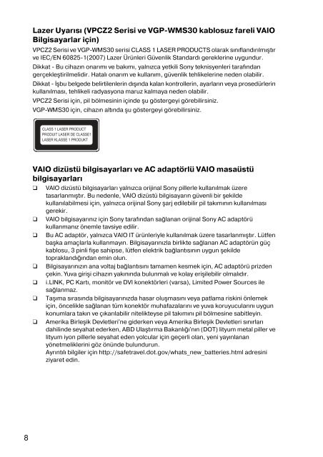 Sony VPCF24N1E - VPCF24N1E Documents de garantie Turc
