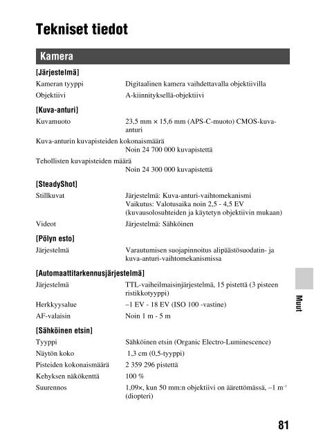 Sony SLT-A65VL - SLT-A65VL Consignes d&rsquo;utilisation Finlandais