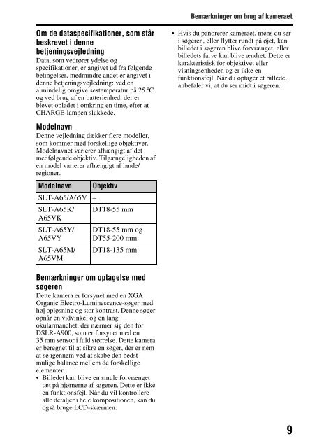 Sony SLT-A65VL - SLT-A65VL Consignes d&rsquo;utilisation Danois