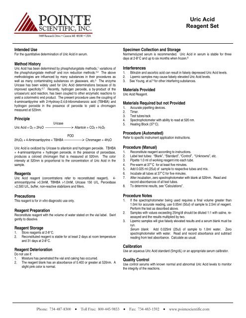 Uric Acid Reagent Set - Pointe Scientific, Inc.