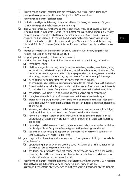 Sony SVS1513B4E - SVS1513B4E Documents de garantie Danois