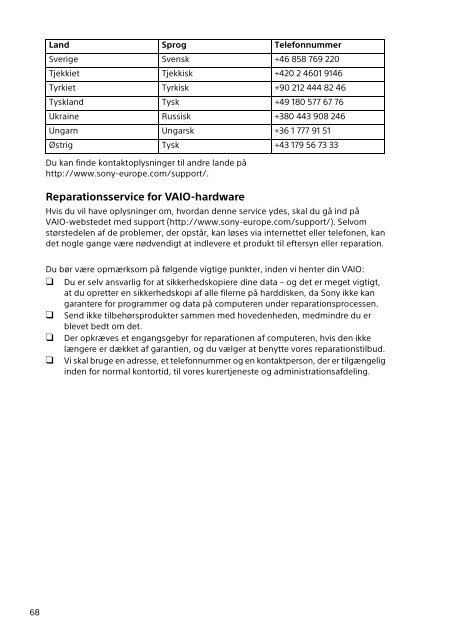 Sony SVS1513B4E - SVS1513B4E Documents de garantie Danois
