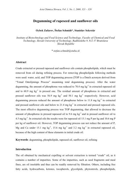 Degumming of rapeseed and sunflower oils - Acta Chimica Slovaca