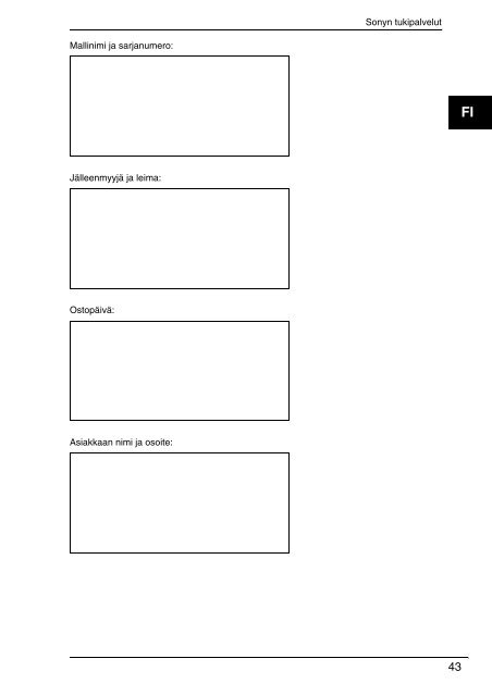 Sony VPCY22C5E - VPCY22C5E Documenti garanzia Finlandese