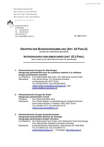 GRUPPEN BUNDESVERSAMMLUNG (ART 63 PARLG) INTERGROUPES (ART 63 LPARL)