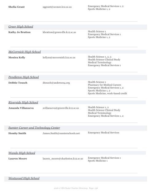 2016-17 Health Science Cluster Teachers