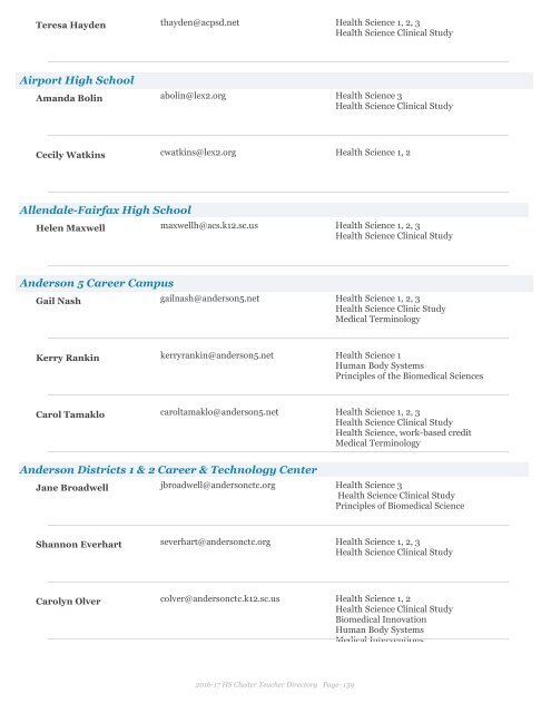 2016-17 Health Science Cluster Teachers