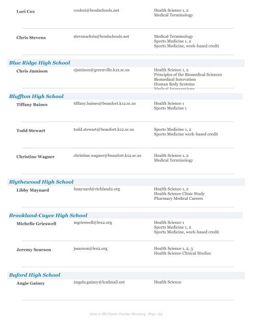 2016-17 Health Science Cluster Teachers