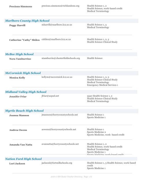 2016-17 Health Science Cluster Teachers