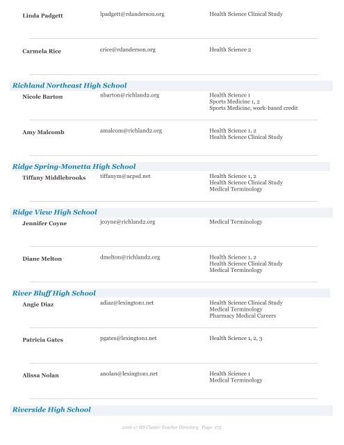 2016-17 Health Science Cluster Teachers