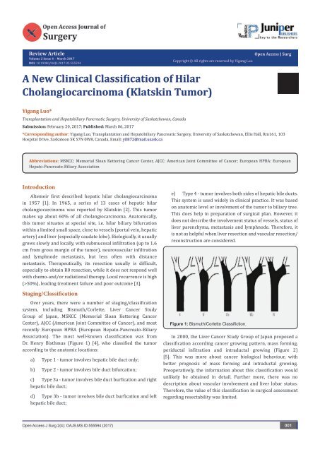 A New Clinical Classification of Hilar Cholangiocarcinoma (Klatskin Tumor)