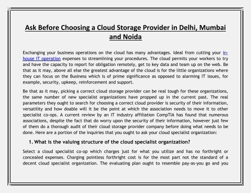 Ask Before Choosing a Cloud Storage Provider in Delhi, Mumbai and Noida