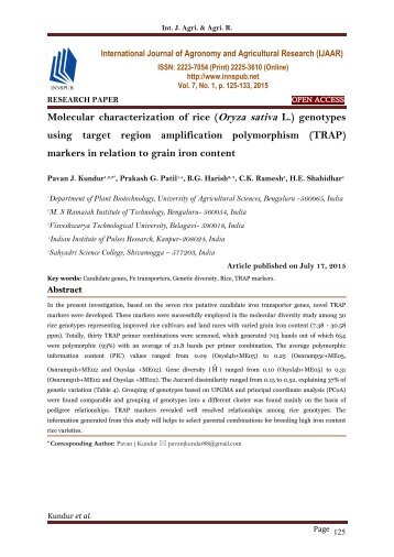 Molecular characterization of rice (Oryza sativa L.) genotypes using target region amplification polymorphism (TRAP) markers in relation to grain iron content