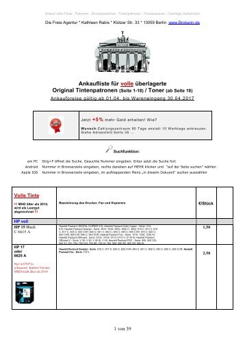 Ankaufliste volle Toner Tinte Tintenpatronen Ankauf buy unused full OEM Cartridges April2017