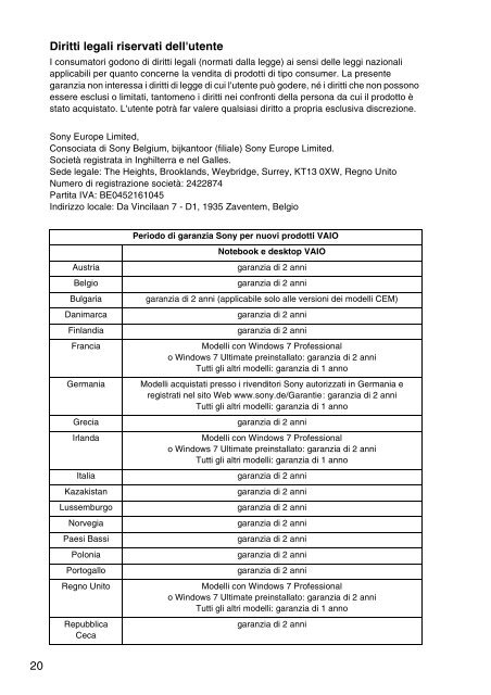 Sony VPCSA3V9E - VPCSA3V9E Documents de garantie Italien