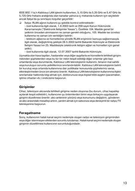 Sony VPCSA3V9E - VPCSA3V9E Documents de garantie Turc