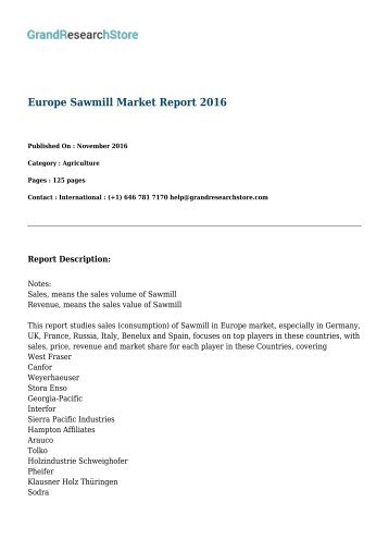 Europe Sawmill Market Report 2016