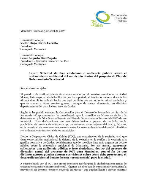 Solicitud de audiencia ciudadana sobre POT y ambiente