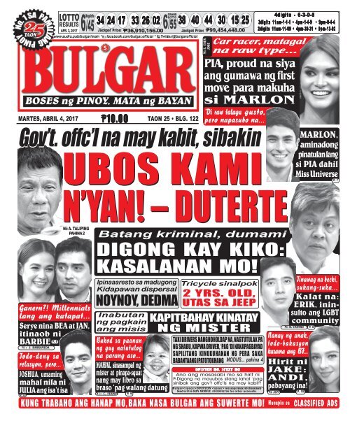 April 4, 2017 BULGAR: BOSES NG PINOY, MATA NG BAYAN