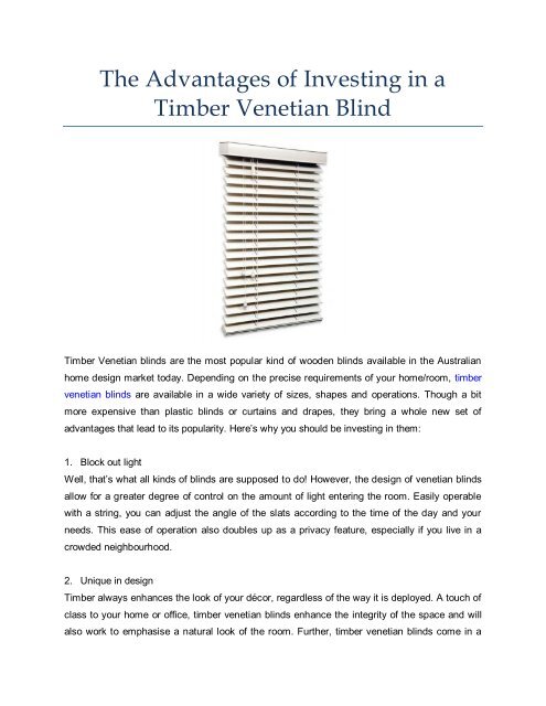 The Advantages of Investing in a Timber Venetian Blind