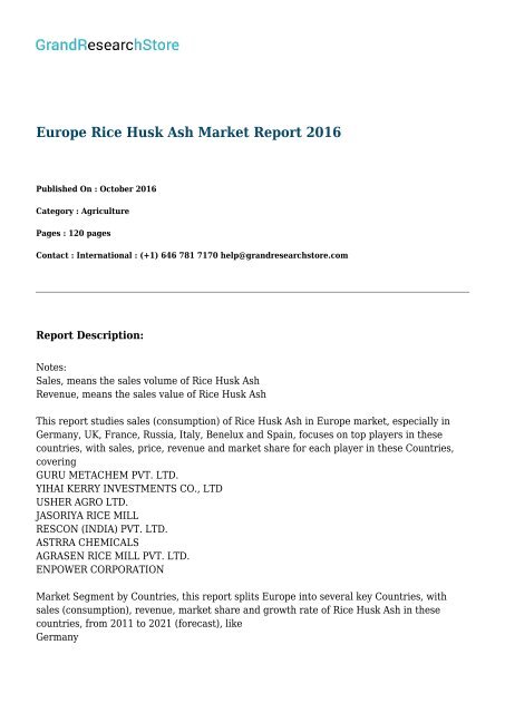 Europe Rice Husk Ash Market Report 2016