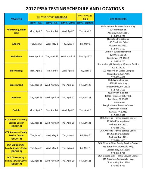 2017 PSSA - Testing Schedule & Locations (FOR FAMILIES)