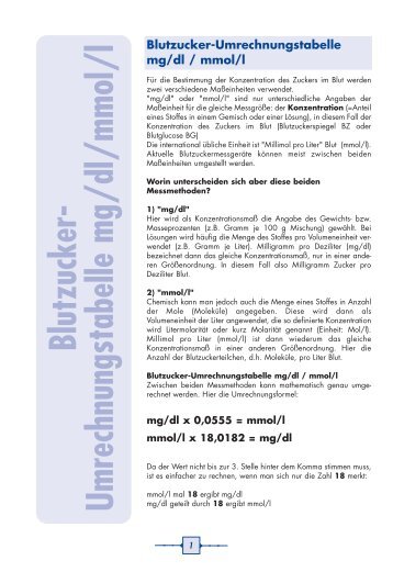 Blutzucker- Umrechnungstabelle mg/dl/mmol/l - Diabetes Austria