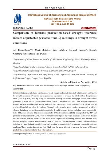 Comparison of biomass production-based drought tolerance indices of pistachio (Pistacia vera L.) seedlings in drought stress conditions