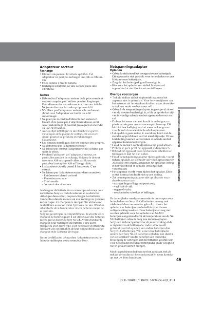 Sony CCD-TR401E - CCD-TR401E Consignes d&rsquo;utilisation N&eacute;erlandais