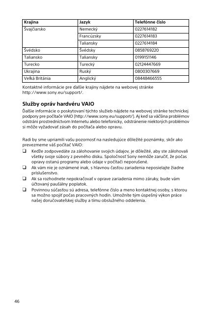 Sony SVF1532A4E - SVF1532A4E Documents de garantie Slovaque