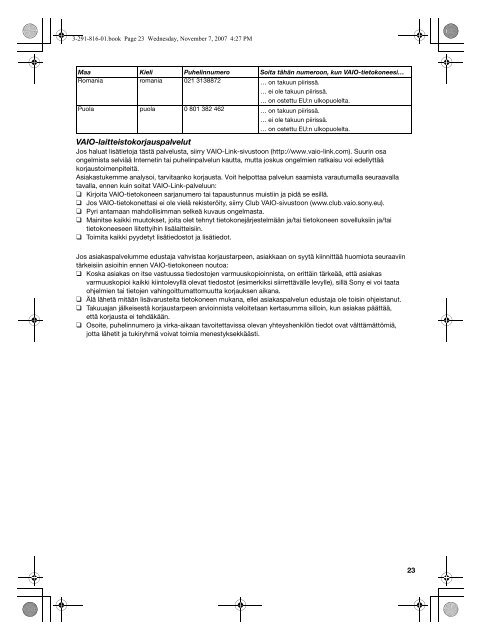 Sony VGN-SZ7RMN - VGN-SZ7RMN Documenti garanzia Finlandese