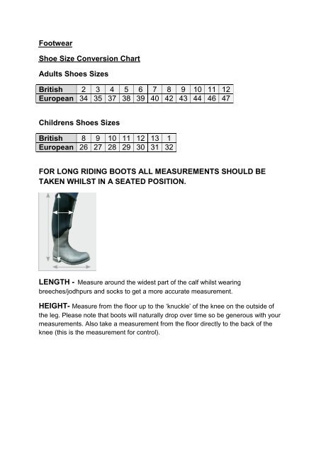 Sizing Guide For Footwear Geegees Equine