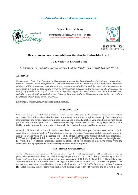 Hexamine as corrosion inhibitor for zinc in hydrochloric acid