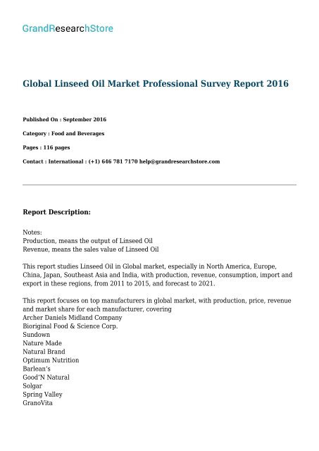 Global Linseed Oil Market Research Report 2017