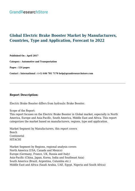 Global Electric Brake Booster Market by Manufacturers, Countries, Type and Application, Forecast to 2022