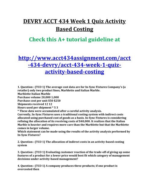 ACCT 434 Week 1 Quiz Activity Based Costing