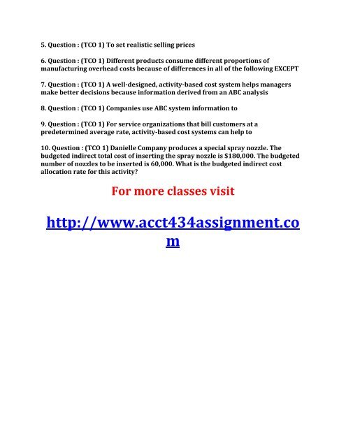 ACCT 434 Week 1 Quiz Activity Based Costing