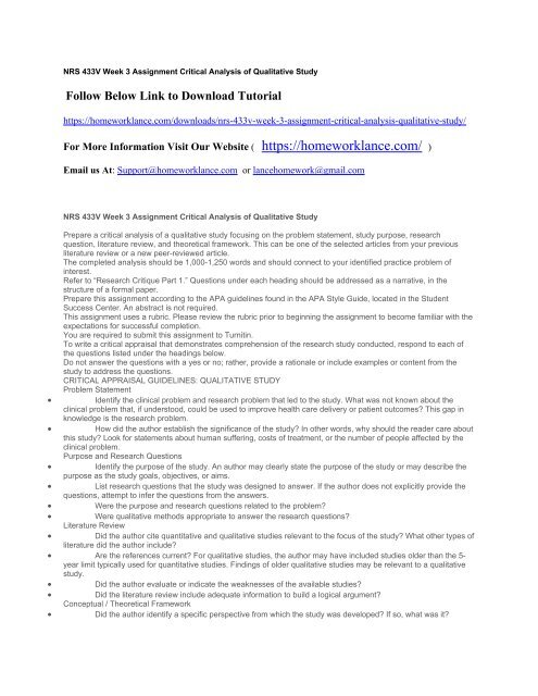 Nrs 433v Week 3 Assignment Critical Analysis Of Qualitative Study