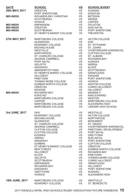 KWAZULU-NATAL HIGH SCHOOLS RUGBY ASSOCIATION FIXTURE HANDBOOK 2017 SEASON