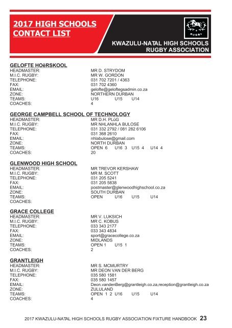 KWAZULU-NATAL HIGH SCHOOLS RUGBY ASSOCIATION FIXTURE HANDBOOK 2017 SEASON