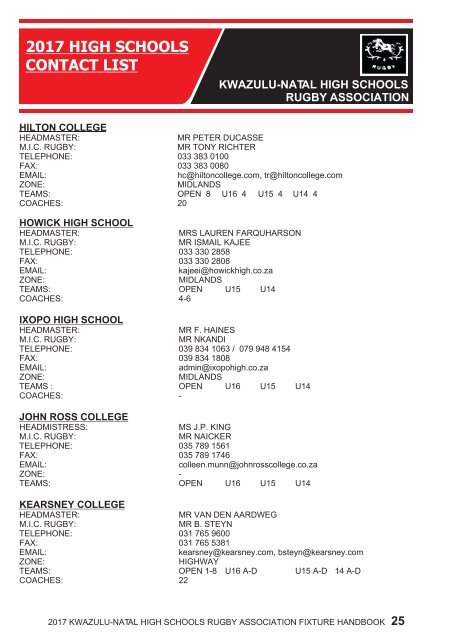 KWAZULU-NATAL HIGH SCHOOLS RUGBY ASSOCIATION FIXTURE HANDBOOK 2017 SEASON