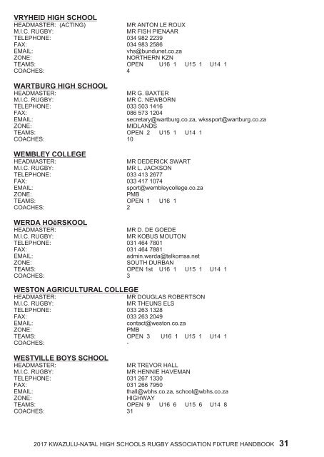 KWAZULU-NATAL HIGH SCHOOLS RUGBY ASSOCIATION FIXTURE HANDBOOK 2017 SEASON